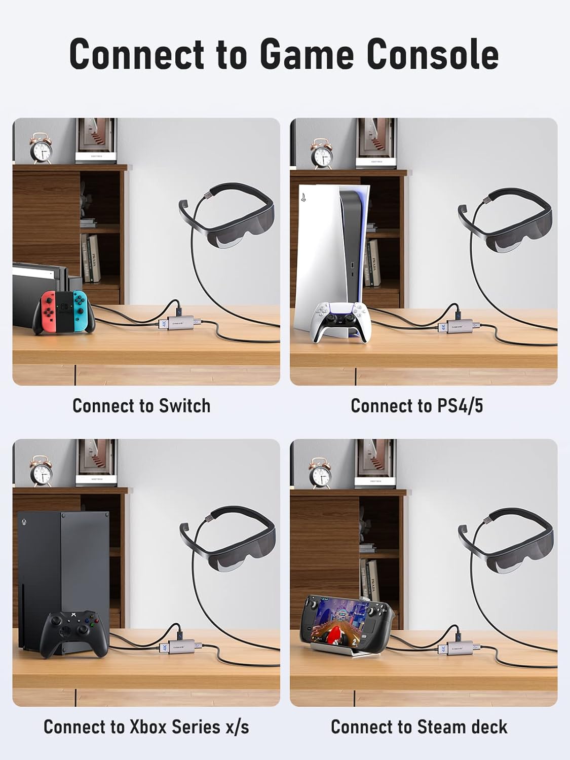 Diagram showing various game consoles (Switch, PS4/5, Xbox, Steam Deck) connected to AR glasses via the Lemorele HDMI to USB-C adapter.