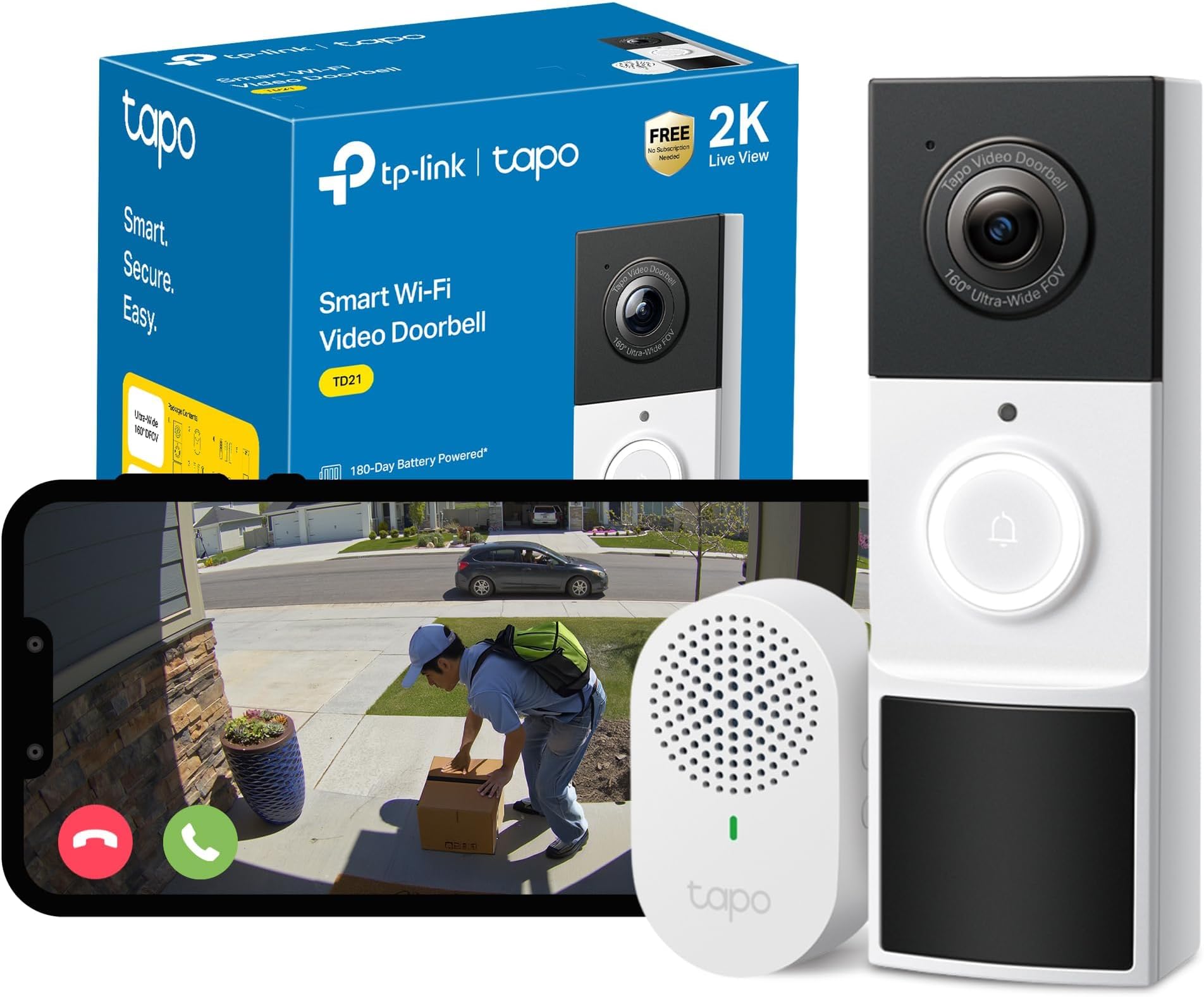 TD21 Battery Video Doorbell Wireless 2K 3MP Ultra-Clear Doorbell Camera, Ring Chime Included, Color Night, 160°DFOV Ultra-Wide, TP-Link Free AI Detection,IP65, 6-Month Battery,No Monthly Fee
