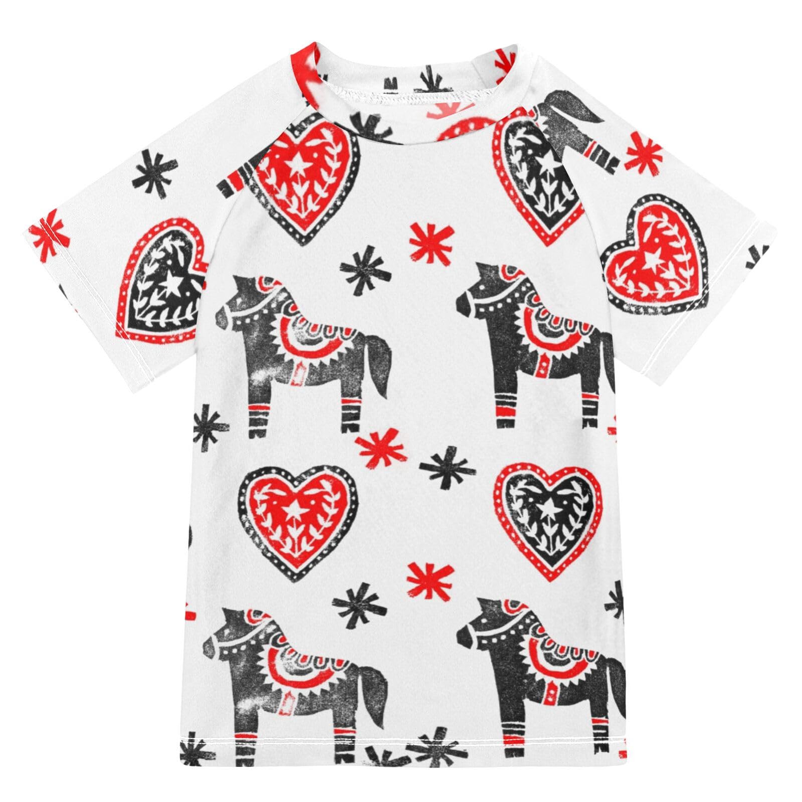 Aflyko Fun Girls' Rash Guard Shirt Swedish Dala Horse Heart Kiddo Fishing Shirt Children Fashion Short Sleeve Swimming Top Soft Comfortable Fit UPF 50+ Everyday Wear, 5-6T Multicoloured