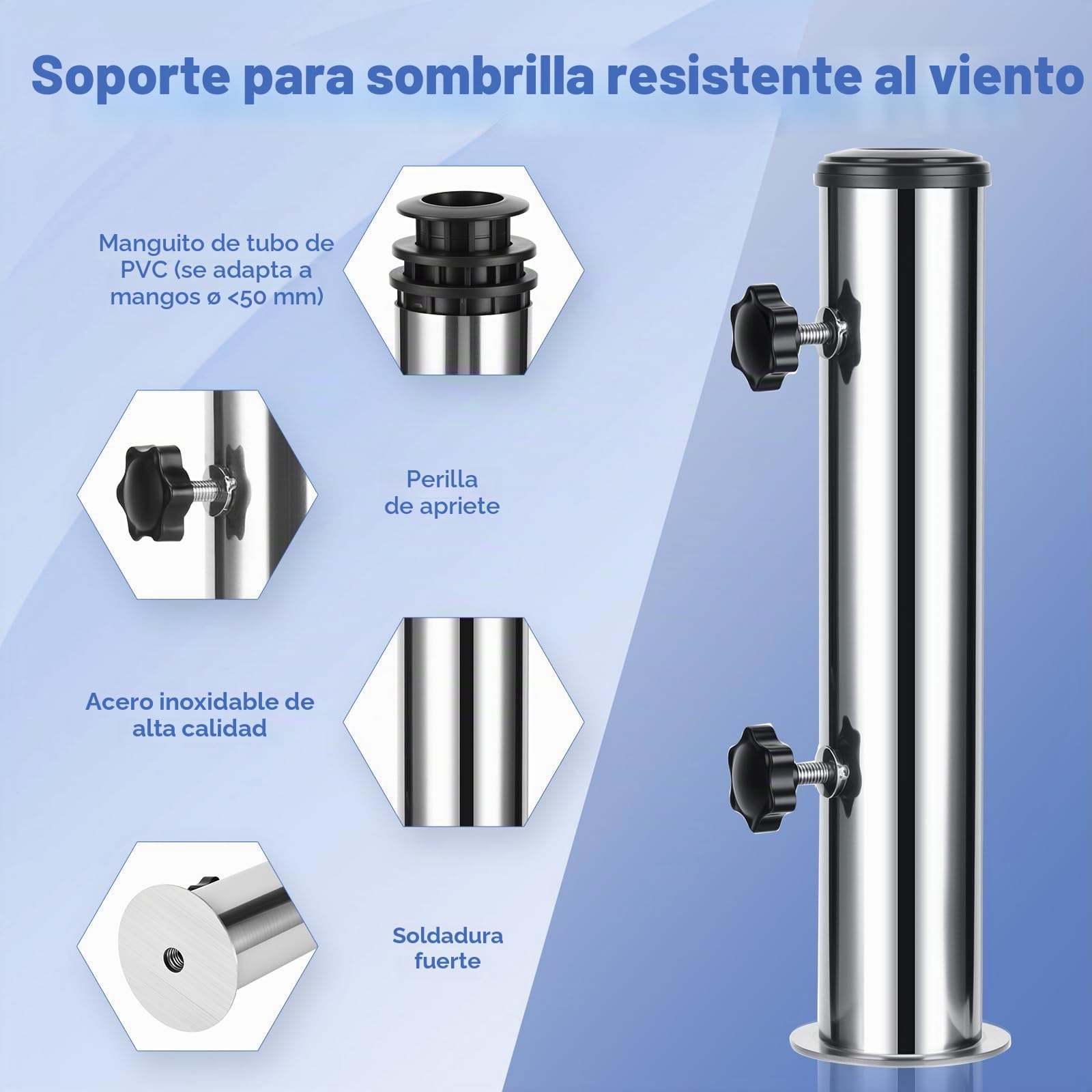 Soporte Sombrilla de Acero Inoxidable Parasol | Base Tube para Sombrilla con 3 Anillos Reductores de PVC (Ø32mm/40mm/50mm) para Exteriores Jardín Patio Balcón