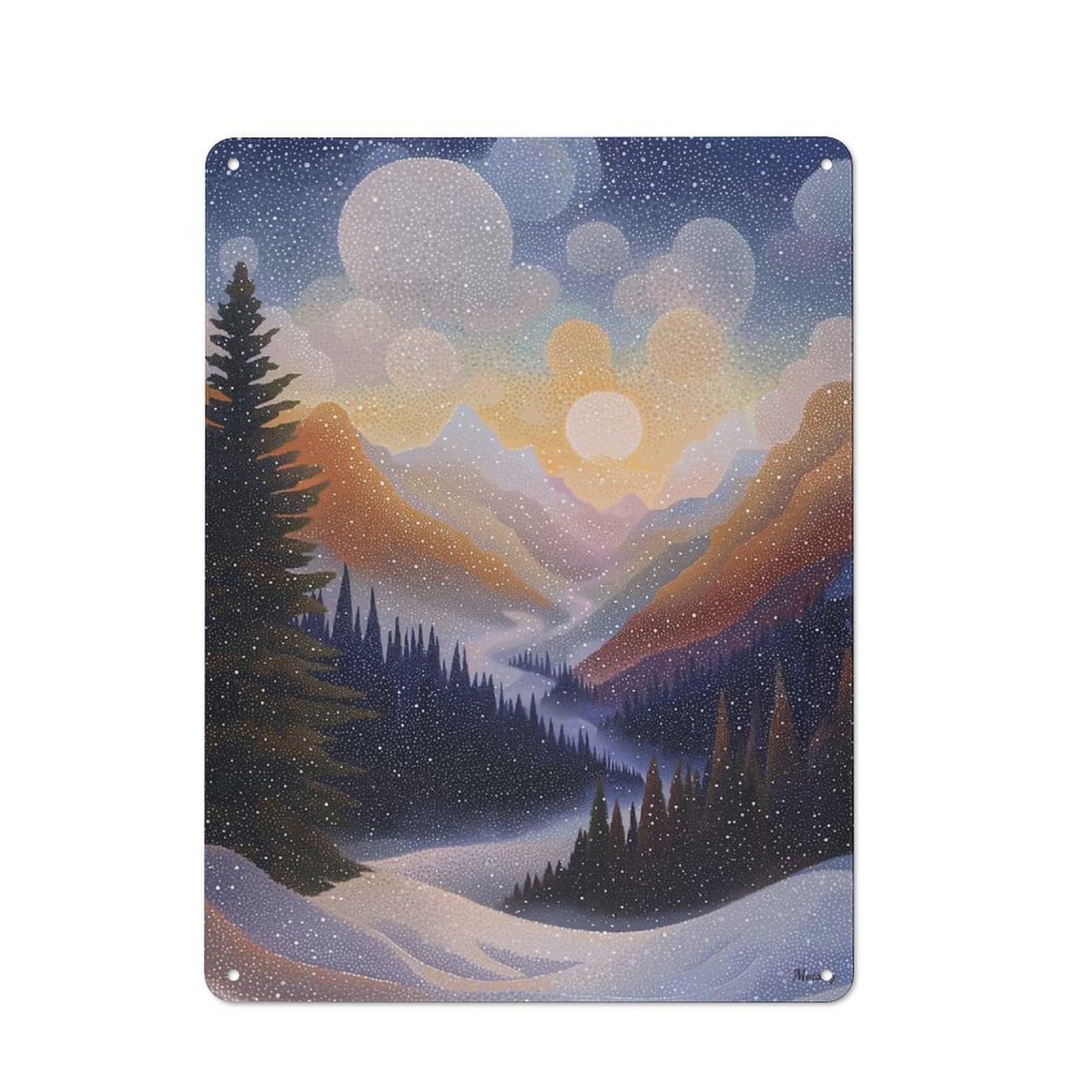 Junmoney Winter Mountain Valley In Pointillist Style Country Style Metal Wall Decor 40X30cm, Decorative Metal Sign For Kitchen, Cafe, Pantry Or Dining Room