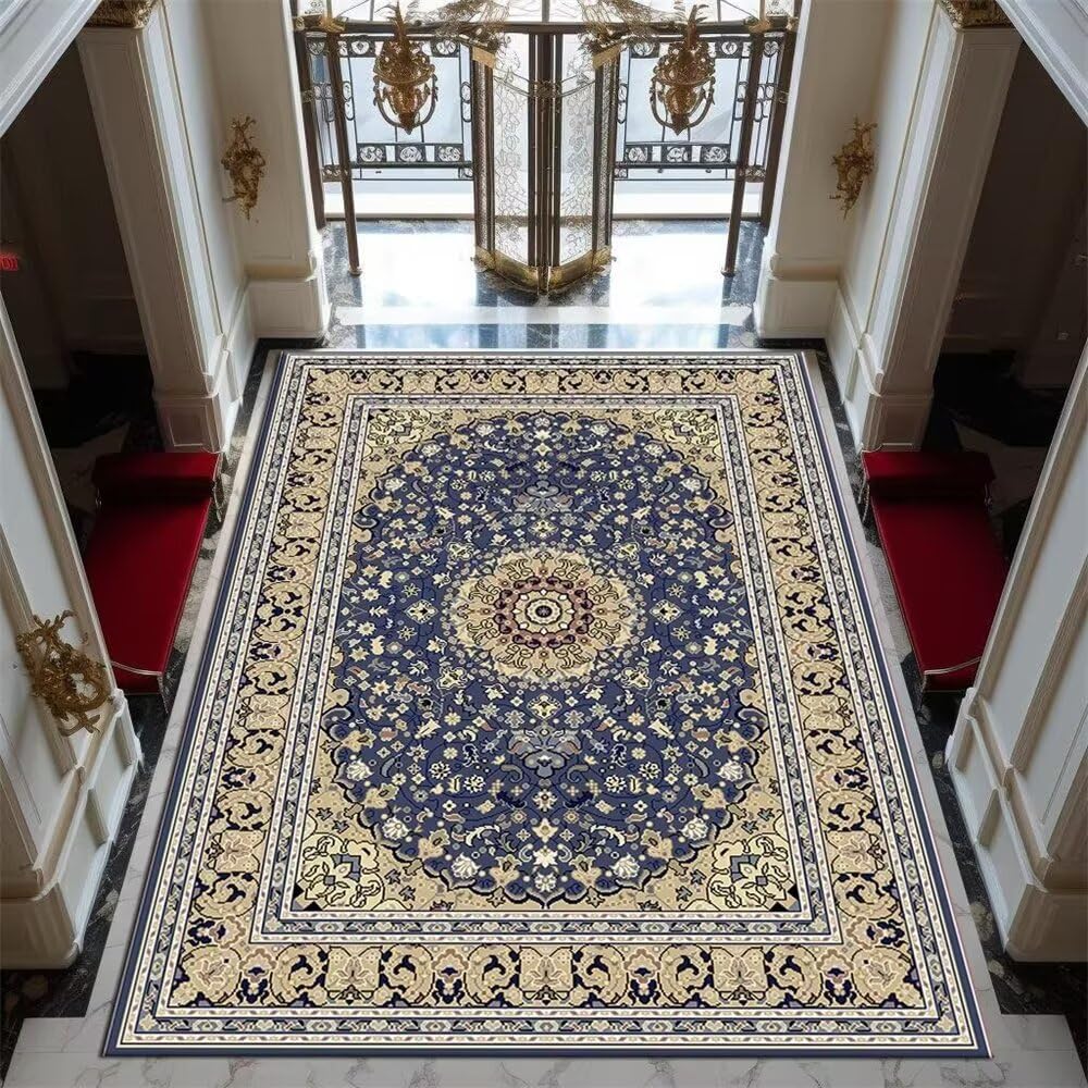 Tapis salon grande taille bleu floral moquette douce anti froid pour salle a manger