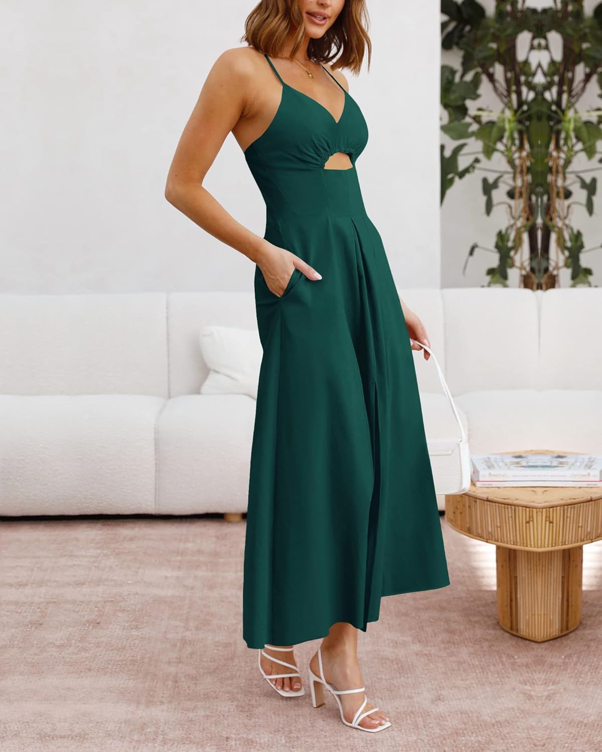 BTFBM Women 2026 Spaghetti Strap Midi Summer Dresses Sleeveless V Neck Cutout Slit Casual Beach Party Maxi Dress Pockets - Image 3