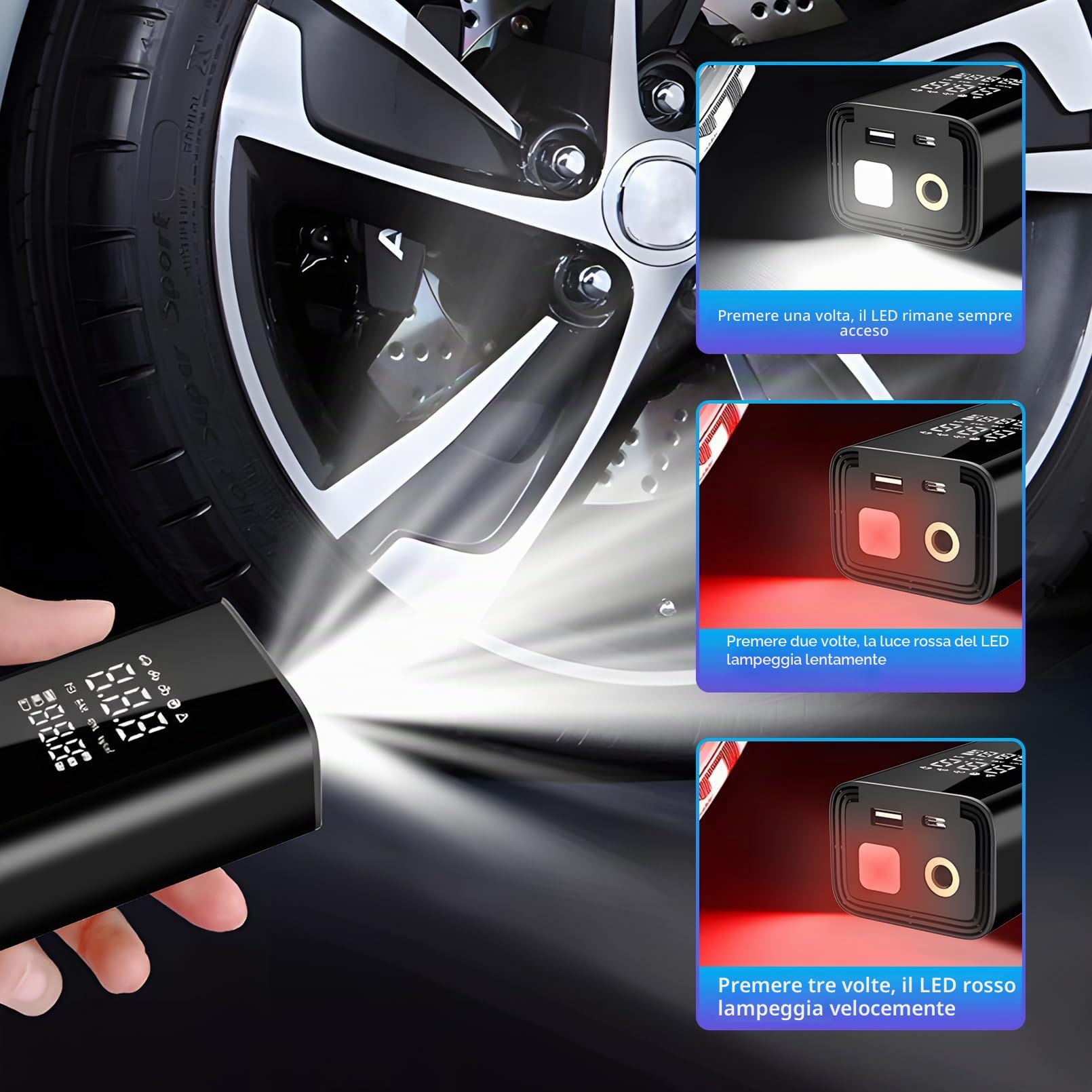 compressore d'Aria Portatile Auto Pompa per Pneumatici, 6000mAh con Cavo/Cordless Doppia Alimentazione 150PSI Pneumatici gonfiatore Display Digitale Pompa per Pneumatici