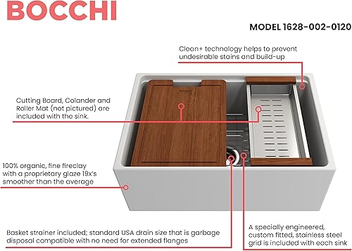Miniatura 4 de BOCCHI Contempo - Delantal para estación de trabajo, con borde delantero, de arcilla refractaria de 27 pulgadas, fregadero de cocina de un solo