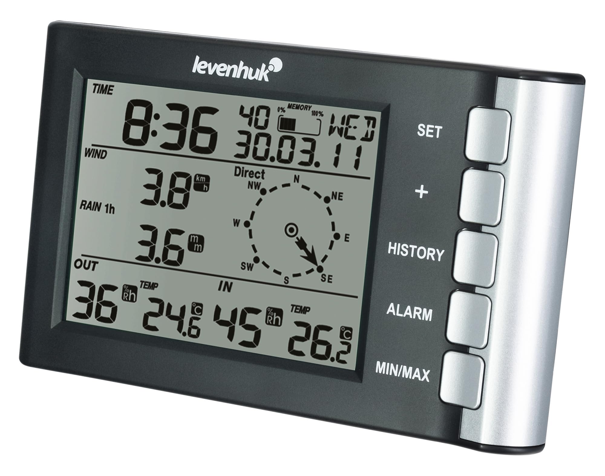 Levenhuk Wezzer PRO LP240 Cyfrowa Stacja Meteorologiczna z Zegarem, Kalendarzem, Termometrem, Higrometrem, Anemometrem, Deszczomierzem i Wskaźnikiem Punktu Rosy