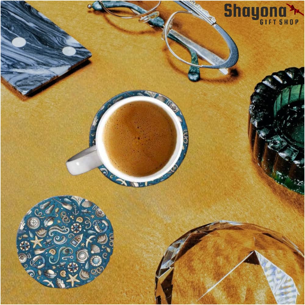 SHAYONA 6 Pcs Cool Blue Coasters with Holder Round Ceramic Table Coasters Set Decorative Coffee Cup Beverage Coasters Wine Beer Bar Coasters 9.5 Cm Diameter 3