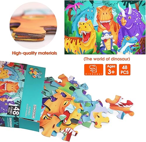 Miniatura 4 de Rompecabezas de suelo jumbo para niños, rompecabezas de dinosaurio, rompecabezas grandes, 48 piezas de 3 a 6 años para niños pequeños, aprendizaje