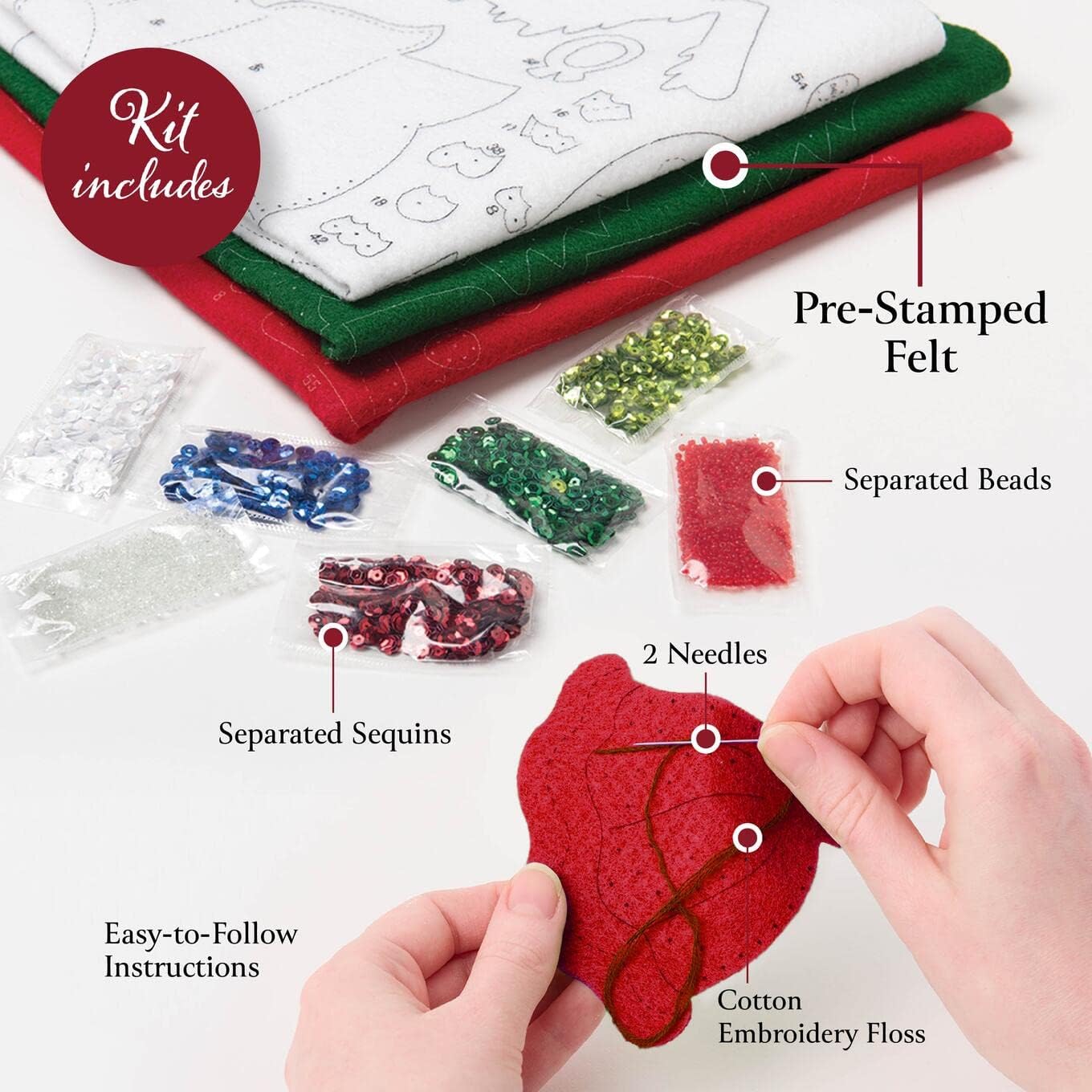 Bucilla Felt Applique 18" Stocking Making Kit, Poinsettia Bells, Perfect for DIY Arts and Crafts, 89595E
