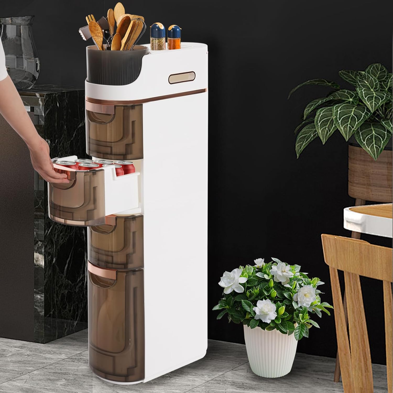 4 Tiers Slim Bathroom Storage Cabinet, 4 Drawer Narrow Slim Storage Cart, Mobile Storage Organizer with Tissue Box and Removable Dividers for Bathroom, Bedroom, Kitchen (White+Tawny)