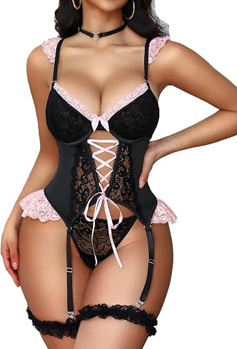 Mixxmix Sexy Lingerie for Women Lace Corset Underwire Bodysuit Teddy with Panty Garter Lingerie Sets Rave Outfits