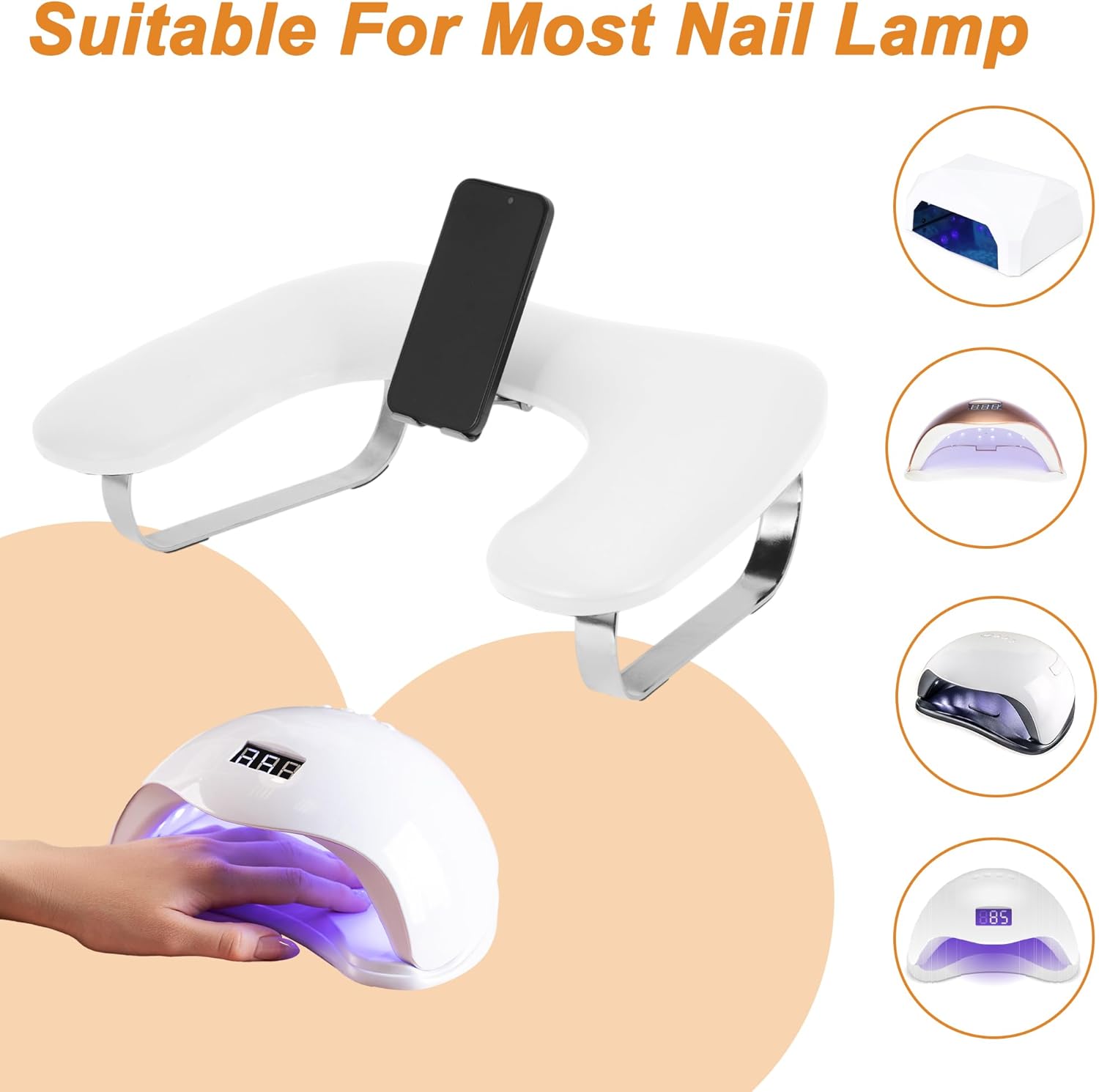 VOCOSTE Nail Arm Rest with Mobile Phone Holder, Manicure Hand Rest, Hand Rest for Nails Tech with Stable Base, White