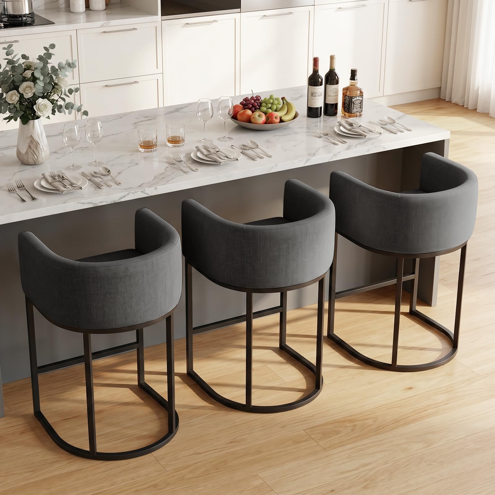 Counter Height Bar Stools Set of 3, 24 Inch Seat Height Barstools for Dining Room, Fabric Upholstered Bar Chair for Kitchen Island, Linen Counter Stools with Metal Legs, Carbon Black