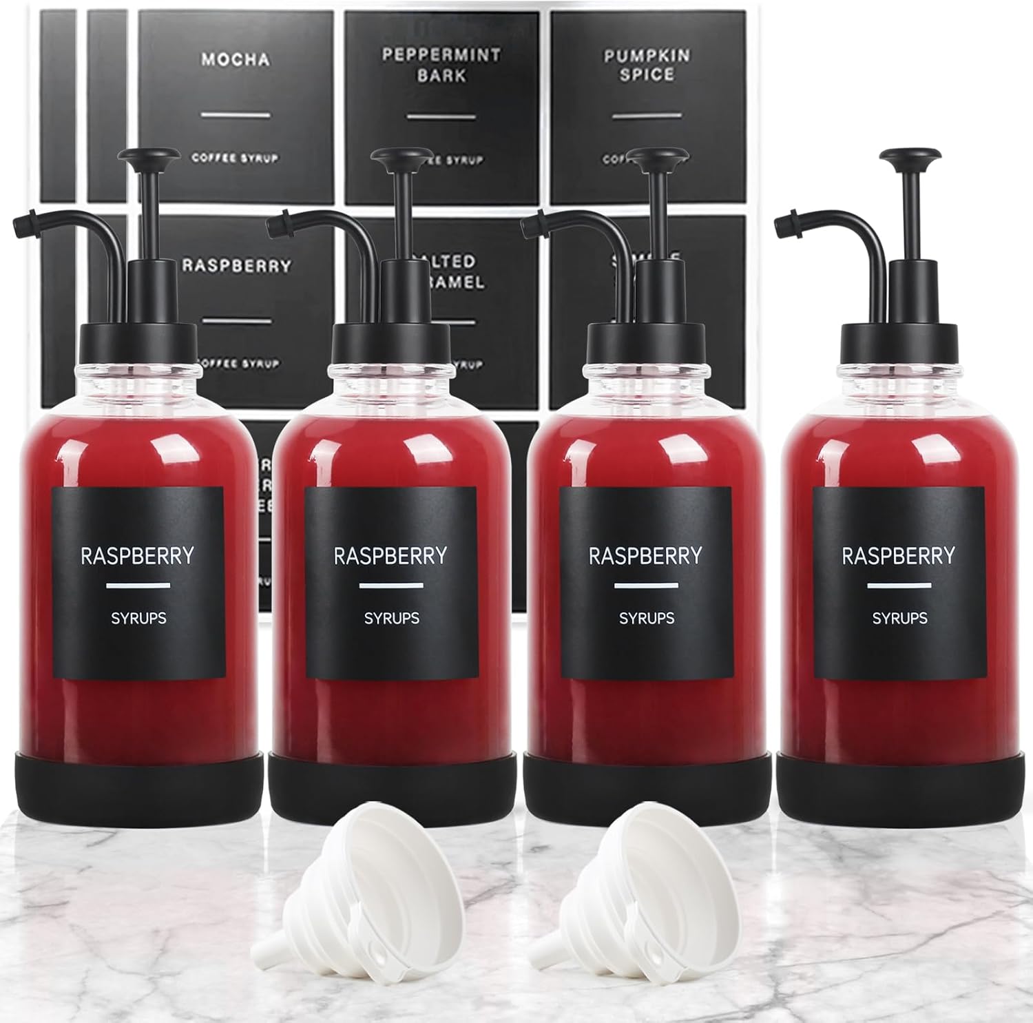 Set of 4 Coffee Syrup Dispenser for Coffee Bar, Set of 4 Non-Slip Glass Syrup Dispenser w. Labels and Silicone Sheath, 16.9 oz 500ml Syrup Pump Dispenser, Coffee Bar Accessories Simple Syrup Bottle w. Pump