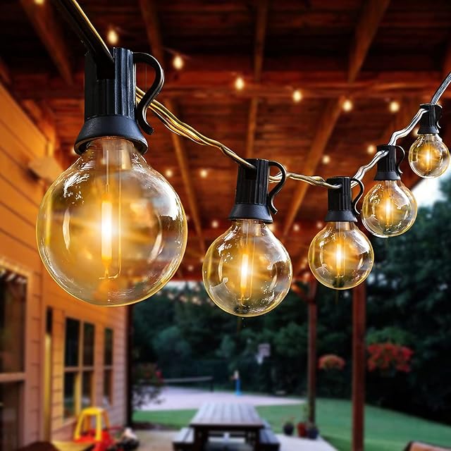 Naatsu Outdoor LED String Lights Mains Powered 15M/50FT, G40 Waterproof Patio Bistro Hanging Lights with 1W 26 Plastic Bulbs(1 Spare) for Garden Party Decorations Backyard Porch, Wedding (Warm White)