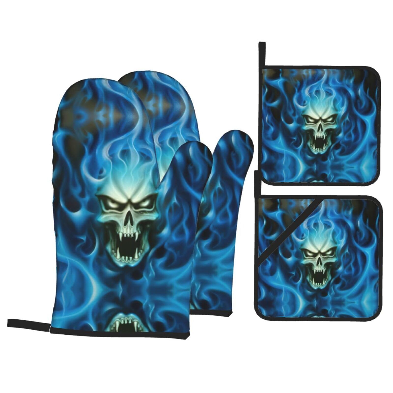 Yagdaa Black Horror Ghost Skull Print Oven Mitts Pot Holders 4 Pcs Set Kitchen Oven Gloves Cooking Baking Grilling Accessories