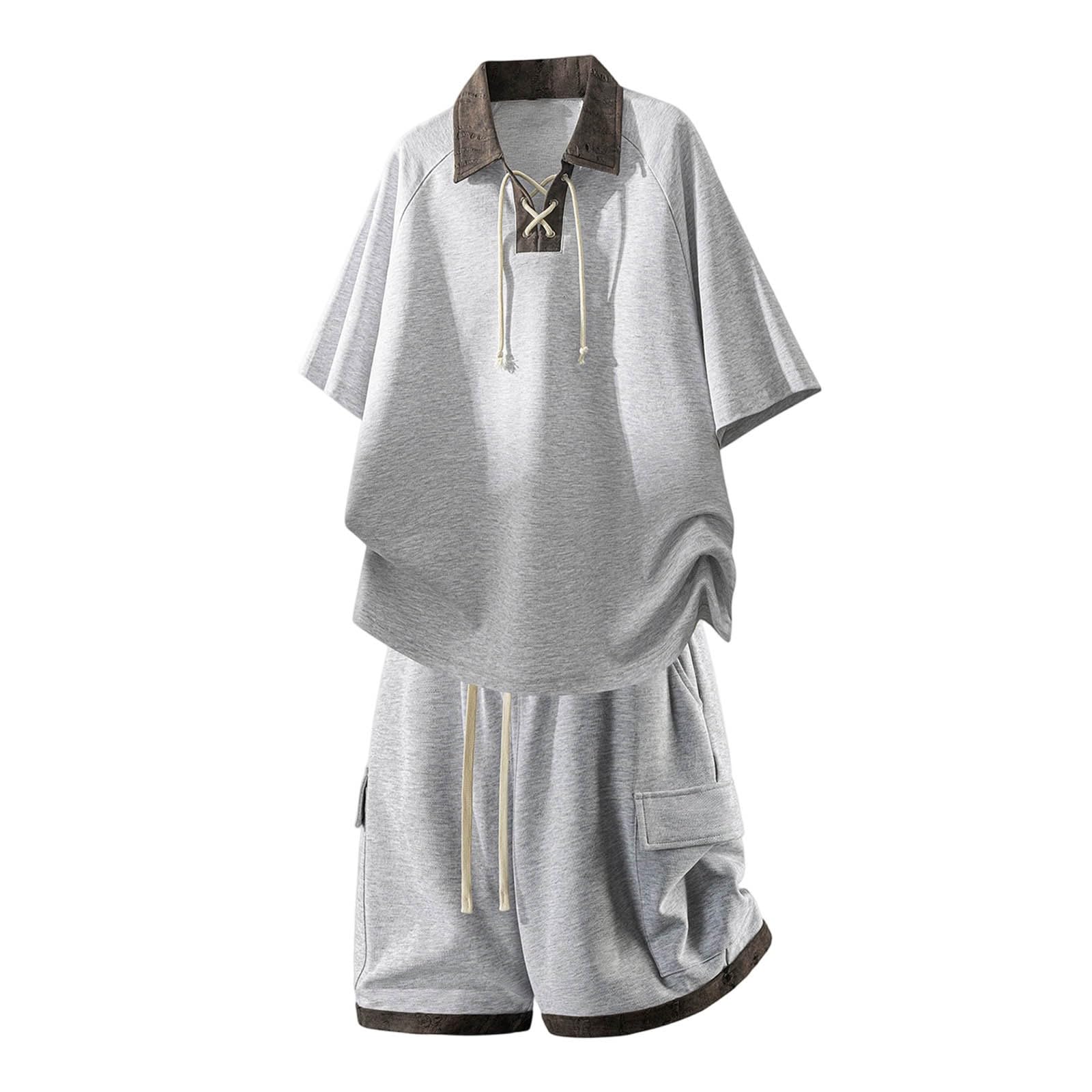 Tuta da jogging da uomo, due pezzi, polo e pantaloncini, con coulisse, estiva, per il tempo libero, abbigliamento sportivo, con risvolto, tuta da allenamento per attività all'aperto