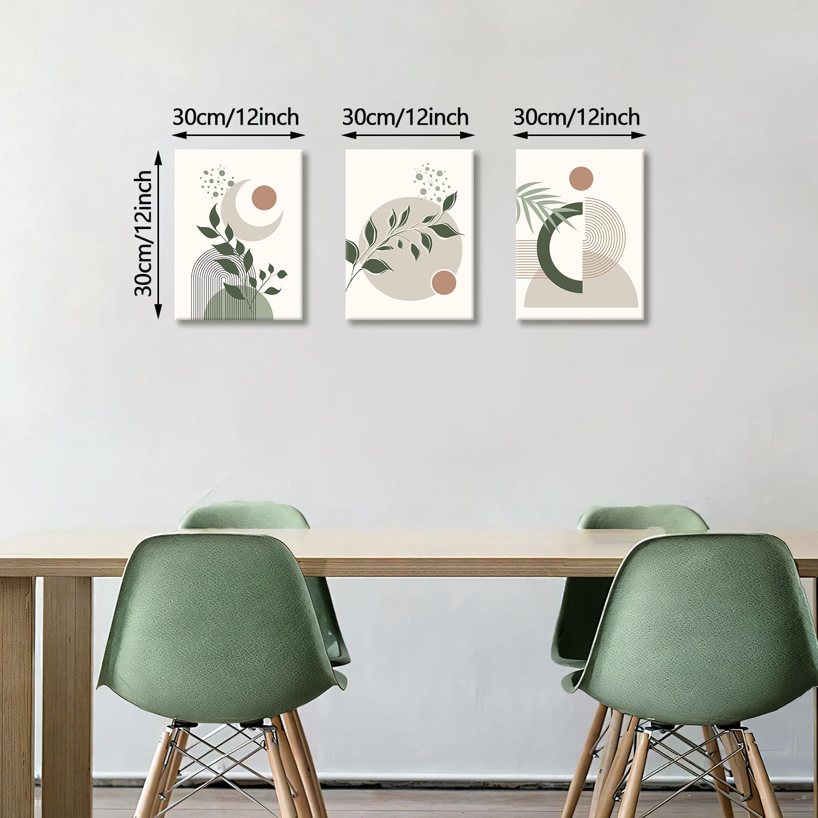 3Pcs Boho Framed Canvas Wall Art for Bedroom Modern Aesthetic Green Botanical Wall Pictures Mid Century Geometric Home Decor Canvas Painting Wall Decor for Living Room Office Ready to Hang 30x40cmx3 - Image 2