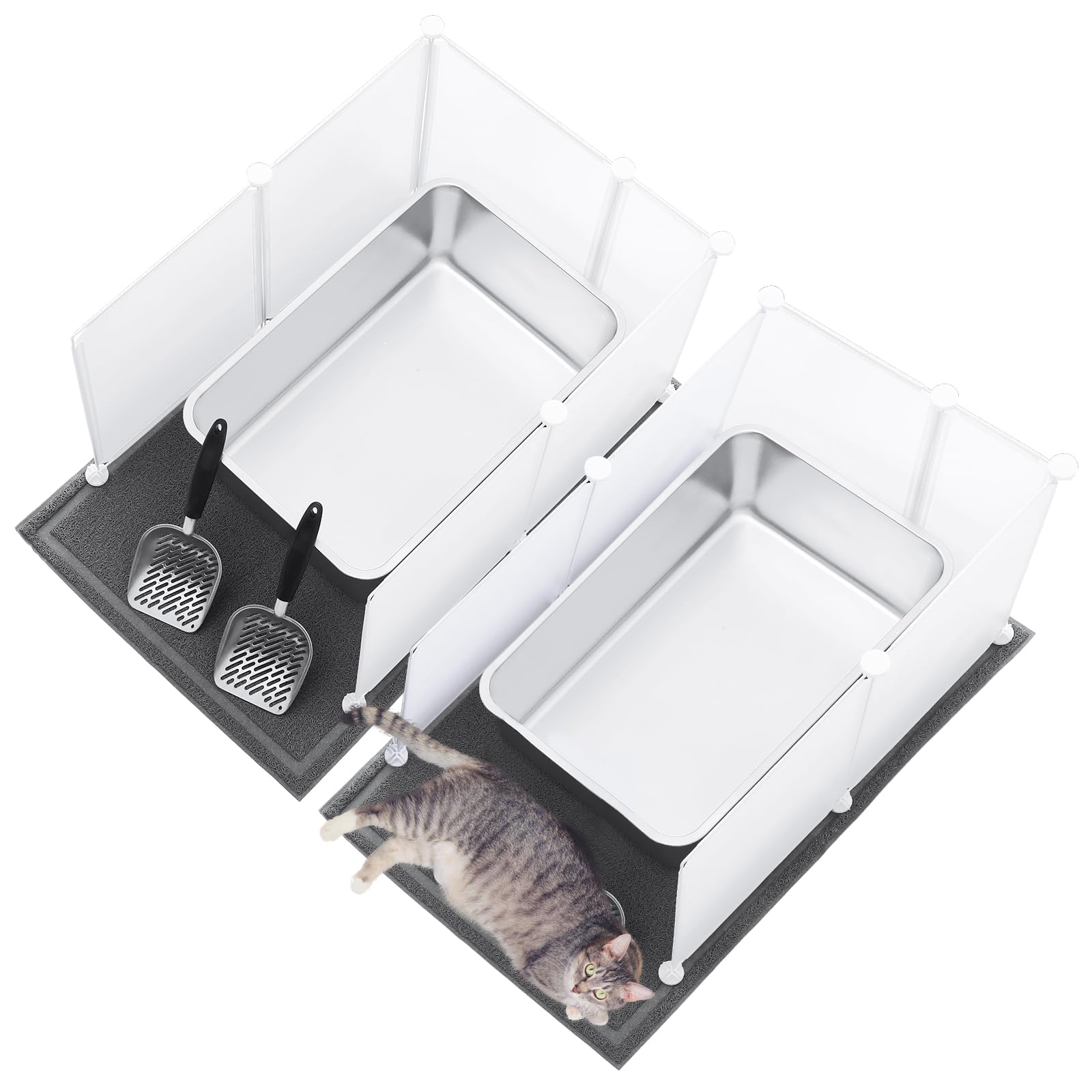Pinkunn 2 Set Large Stainless Steel Litter Box Metal Litter Box Include 2 Cat Litter Scoop,12 Litter Splash Guard and 2 Cat Litter Mat,Never Absorbs Odor (Gray,7.9 Inch)