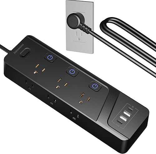 Regleta protectora de sobretensiones con interruptores individuales, 6 tomas espaciadas anchas, 4 puertos USB (2 USB C), cable de extensión de 6.5