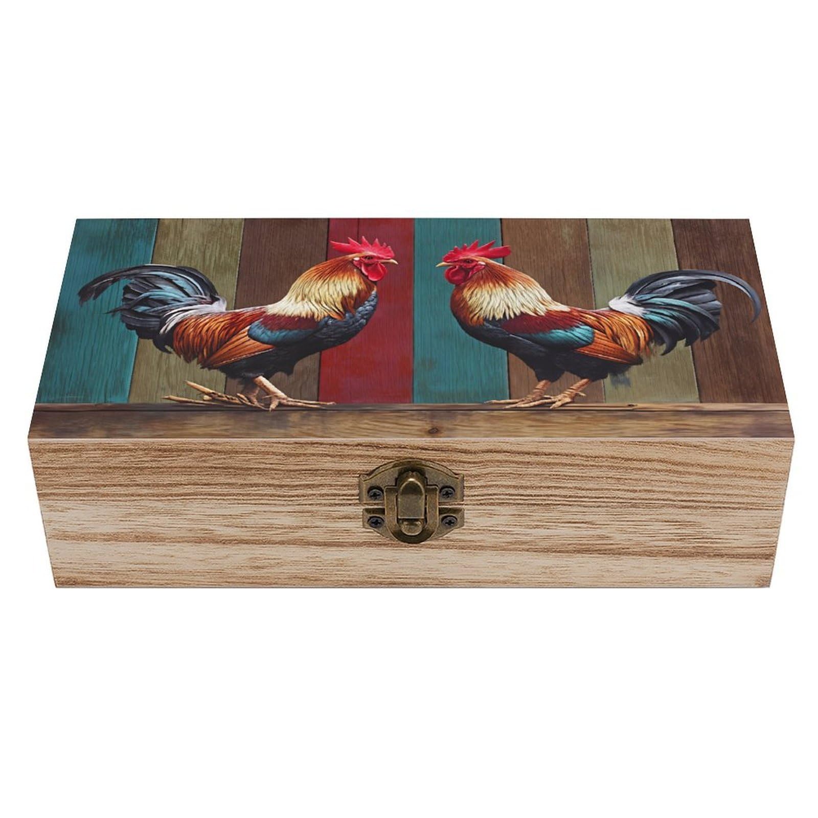 SMAZDFXX Colorful Roosters On Wooden Background Wooden Keepsake Box Vintage Solid Wood with Hinged Lid 7.9"×3.7"×2.3" Metal Latch Rustic Home Decor for Jewelry Photos And Trinkets