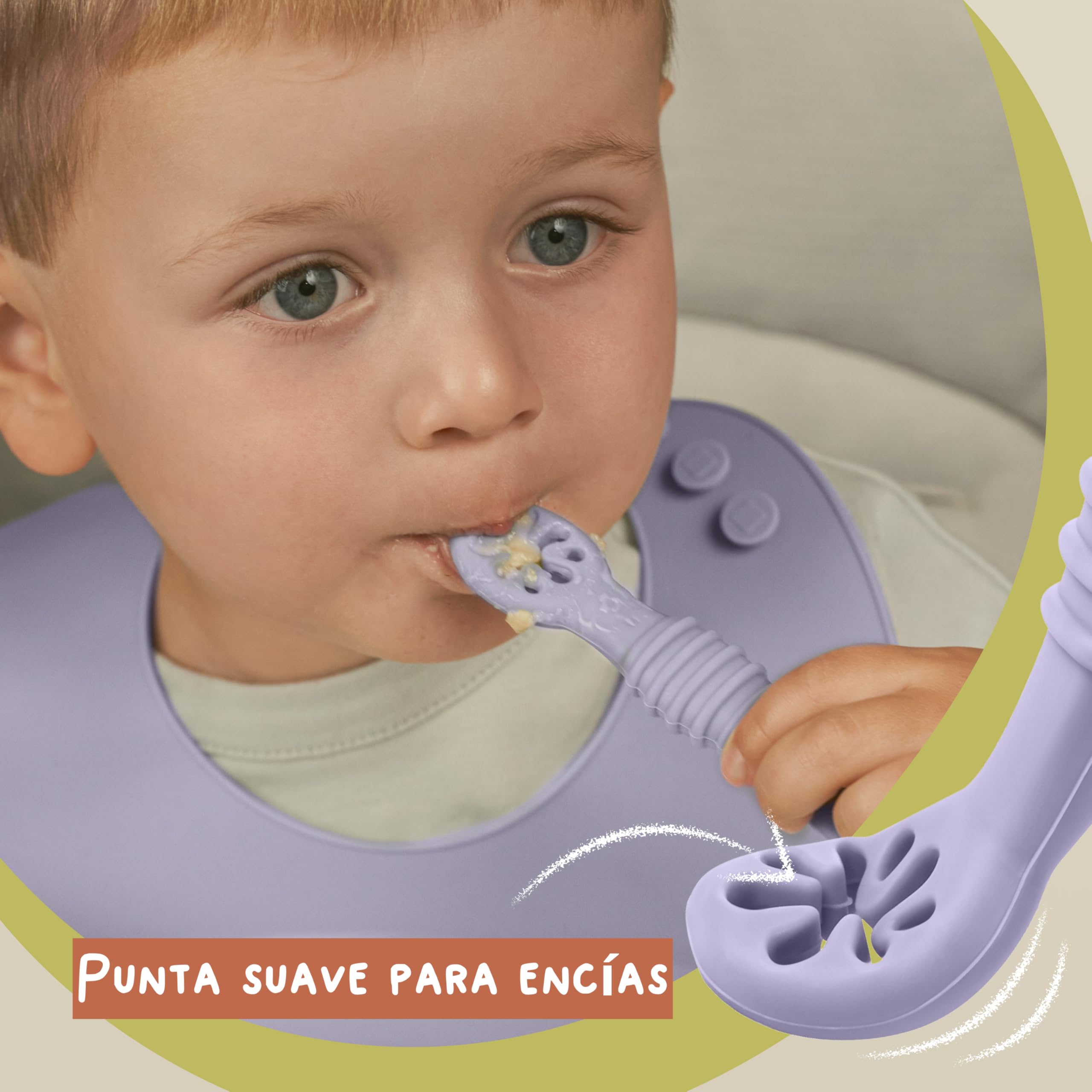 Cucharas Bebé 6 Meses BLW – Set 2 Cubiertos Bebé Silicona LFGB | Cucharas Aprendizaje Antiahogo | Fácil Agarre | Sin BPA | PequeLuz