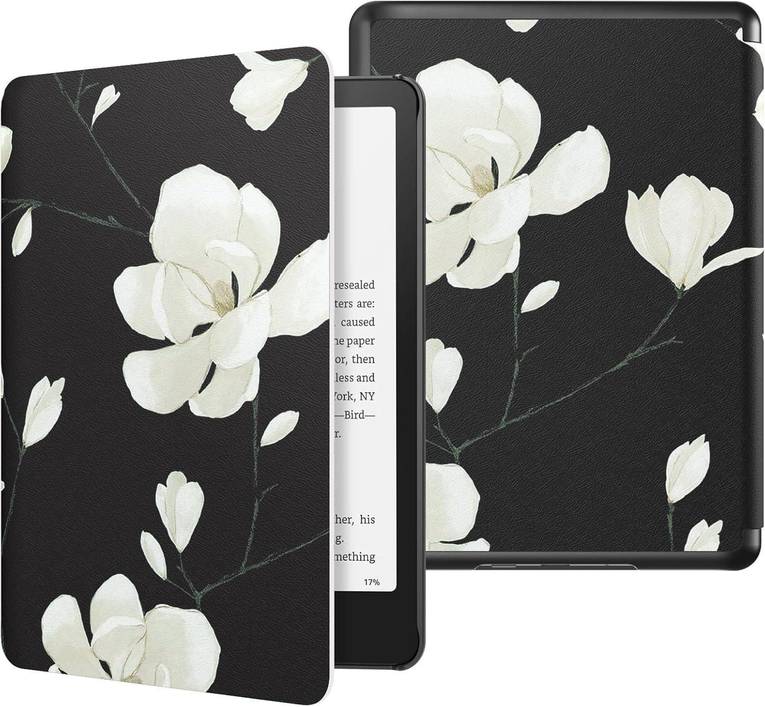 MoKo Case for 7" Kindle Paperwhite 12th Gen 2024&Kindle Colorsoft Signature Edition 2024,Lightweight PU Protective Shell Cover with Auto Wake/Sleep,NOT for TCL Remarkable Kobo, Black & White Magnolia