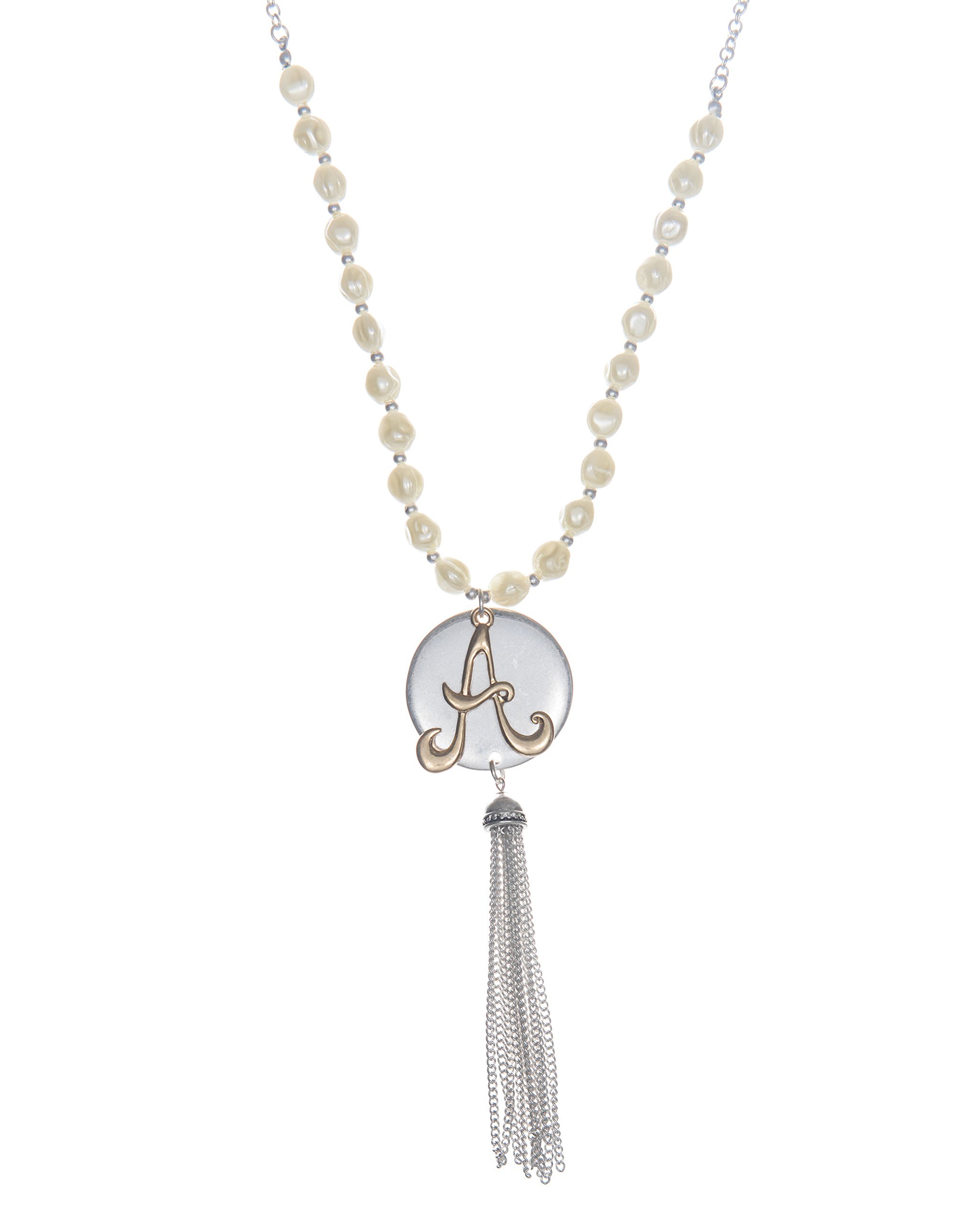 Monogram Two-Tone Medallion Necklace with Imitation Pearls & Dangling Tassle