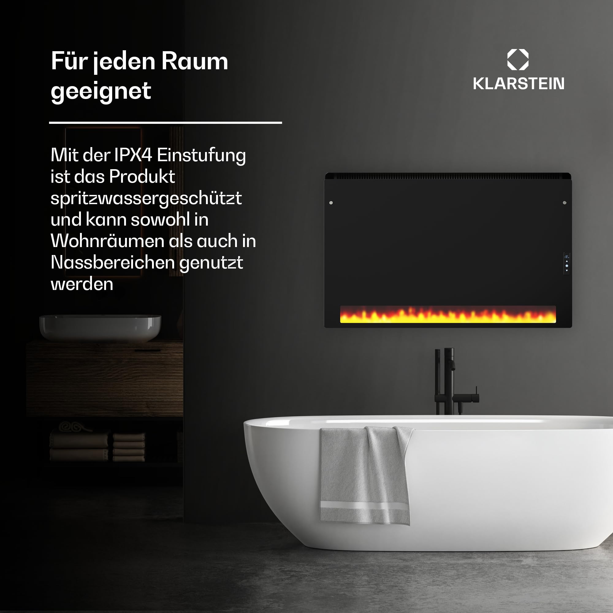 KLARSTEIN Calefactor Infrarrojo, 1110W - Montaje en Pared, IPX4, Efecto Llama, Vidrio Templado, Tecnología de Grafeno, Pantalla LED Táctil, Calefacción Eficiente para Baño & Hogar