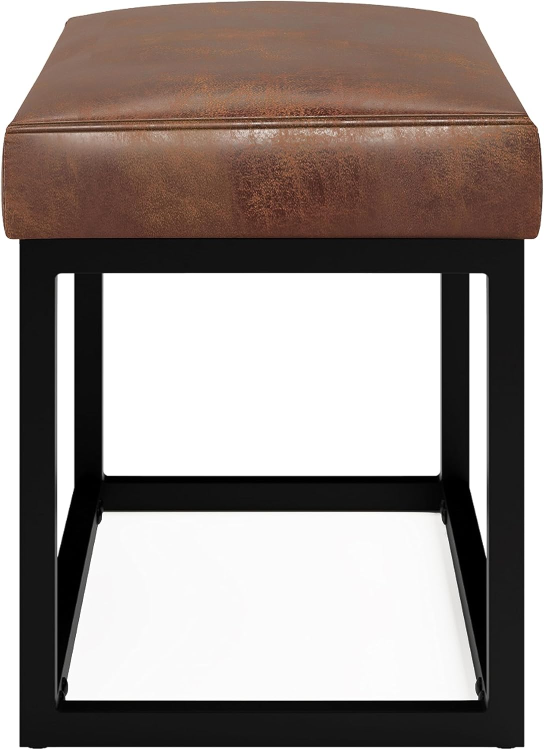 SIMPLIHOME Reynolds Small Ottoman Bench - 26 inch Wide Upholstered Vegan Leather Rectangle Ottoman in Distressed Saddle Brown, Contemporary Bench for Bedroom with Cushioned Seat and Metal Base