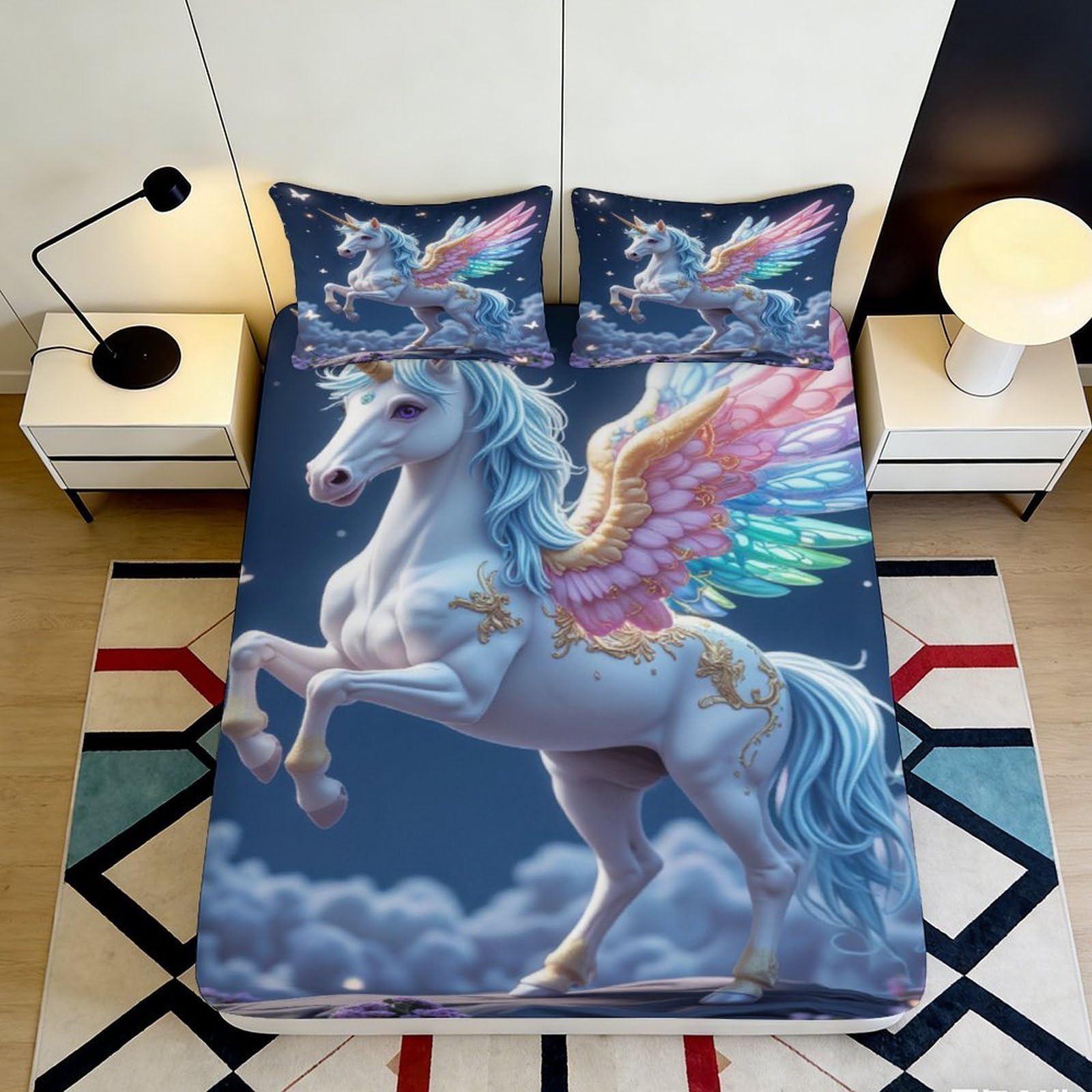 3D Printed Unicorn Fitted Sheet Microfiber Soft Breathable Colorful Wings Bed Cover for Bedroom Dormitory Guest Room Mattress Protection Decor 180x200x25cm