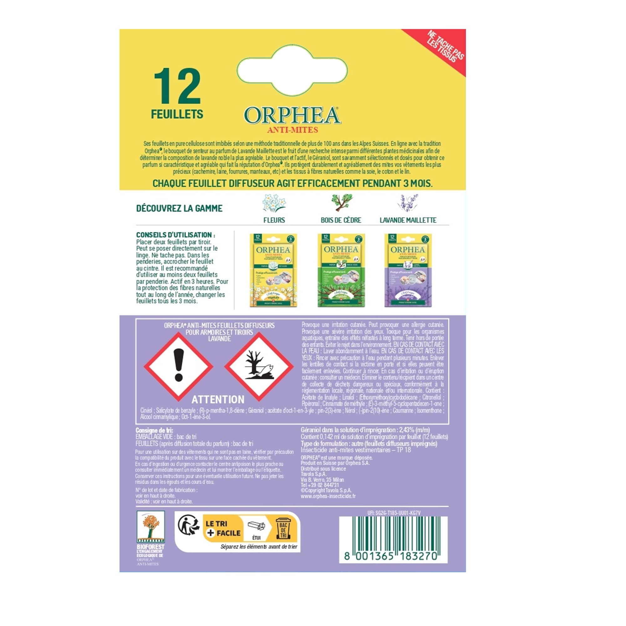 Orphea - Anti Mites Textile, Feuillets Diffuseurs pour Armoires et Tiroirs Naturel, Parfum Bois de Lavande. Anti Mites Ideal pour Vetements, Il agit Immediatement - Durée 3 Mois (6x12 Pieces)