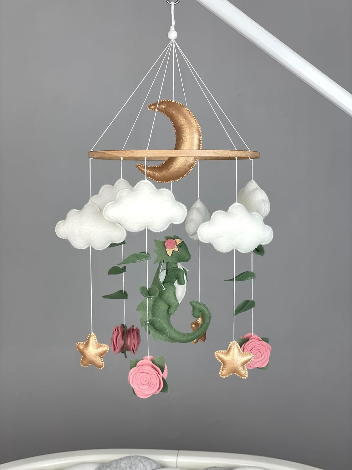 Dragon Baby Mobile for Girl Fantasy Nursery Decor Felt Hanging Mobile Dragon Crib Mobile Flower Mobile Rose Green Dragon for Baby Girl Nursery Fantasy Baby Shower Gift New Baby Girl Gift