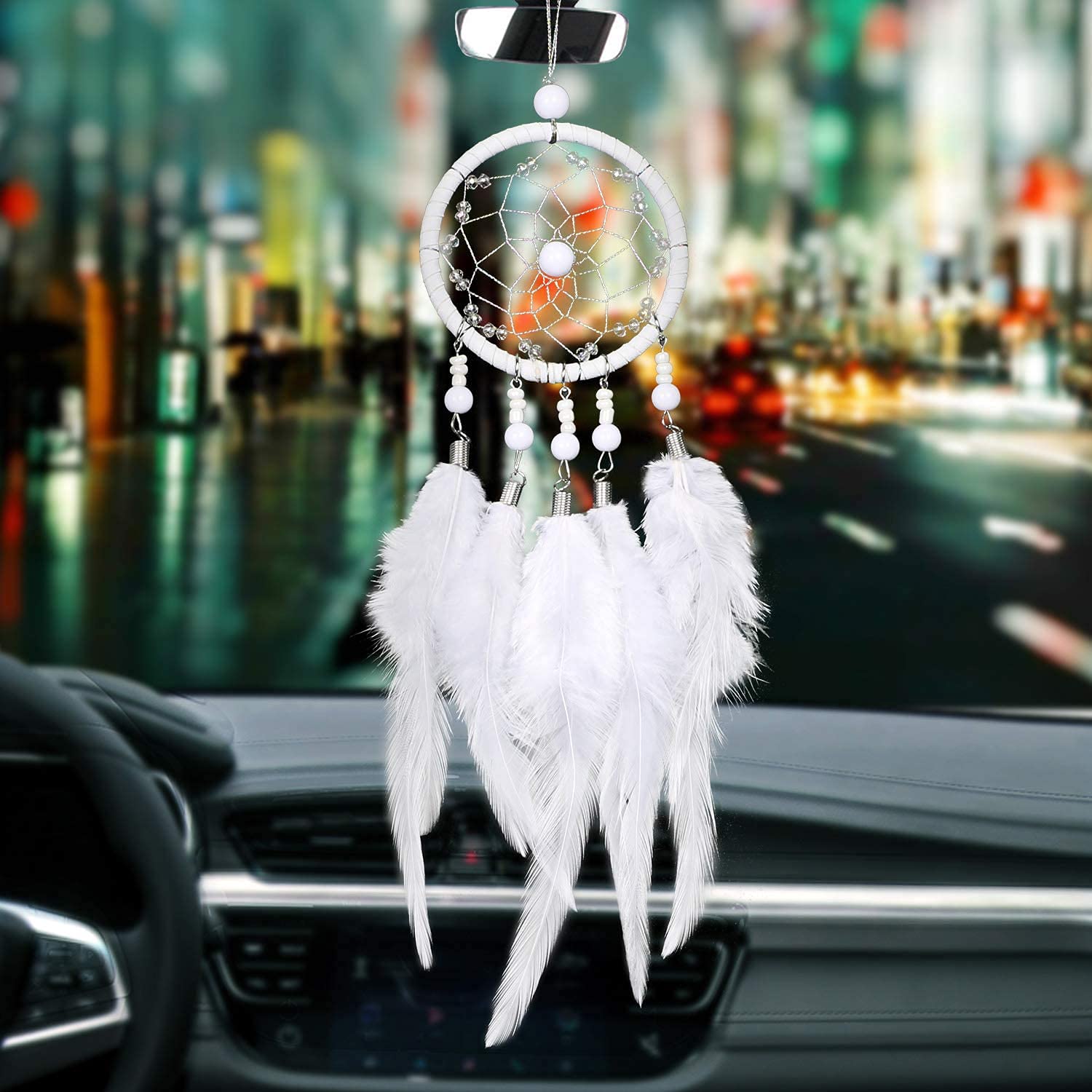 Dream Catcher Ręcznie Robiony Plume Ornament Samochodowy Lusterko Wsteczne Boho Dekoracja Okno Zawieszony Prezent (Blanche)