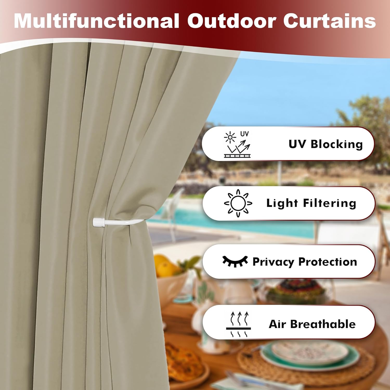HolidayIdeas Grommet Outdoor Curtains for Patio Waterproof 8 Pcs All Weather Balcony Outside Curtains for Apartments, Gazebo, Pergolas, Porch, 54x84 Inch, Taupe - Image 3