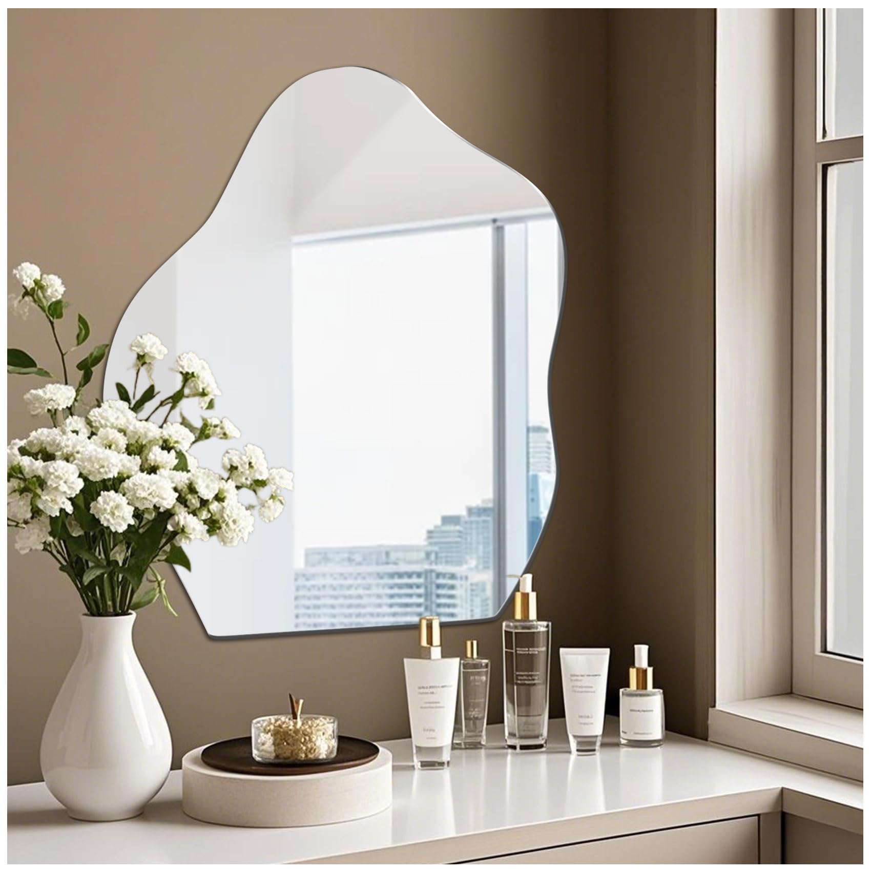 Qeenmy Spiegel Asymmetrisch Klebespiegel Kleben Spiegelfliesen Selbstklebend Glas HD Wandspiegel Wand Badezimmerspiegel für Schminktisch, Flur Wohn und Badezimmer Schlafzimmer (38 * 47.8CM, 08)