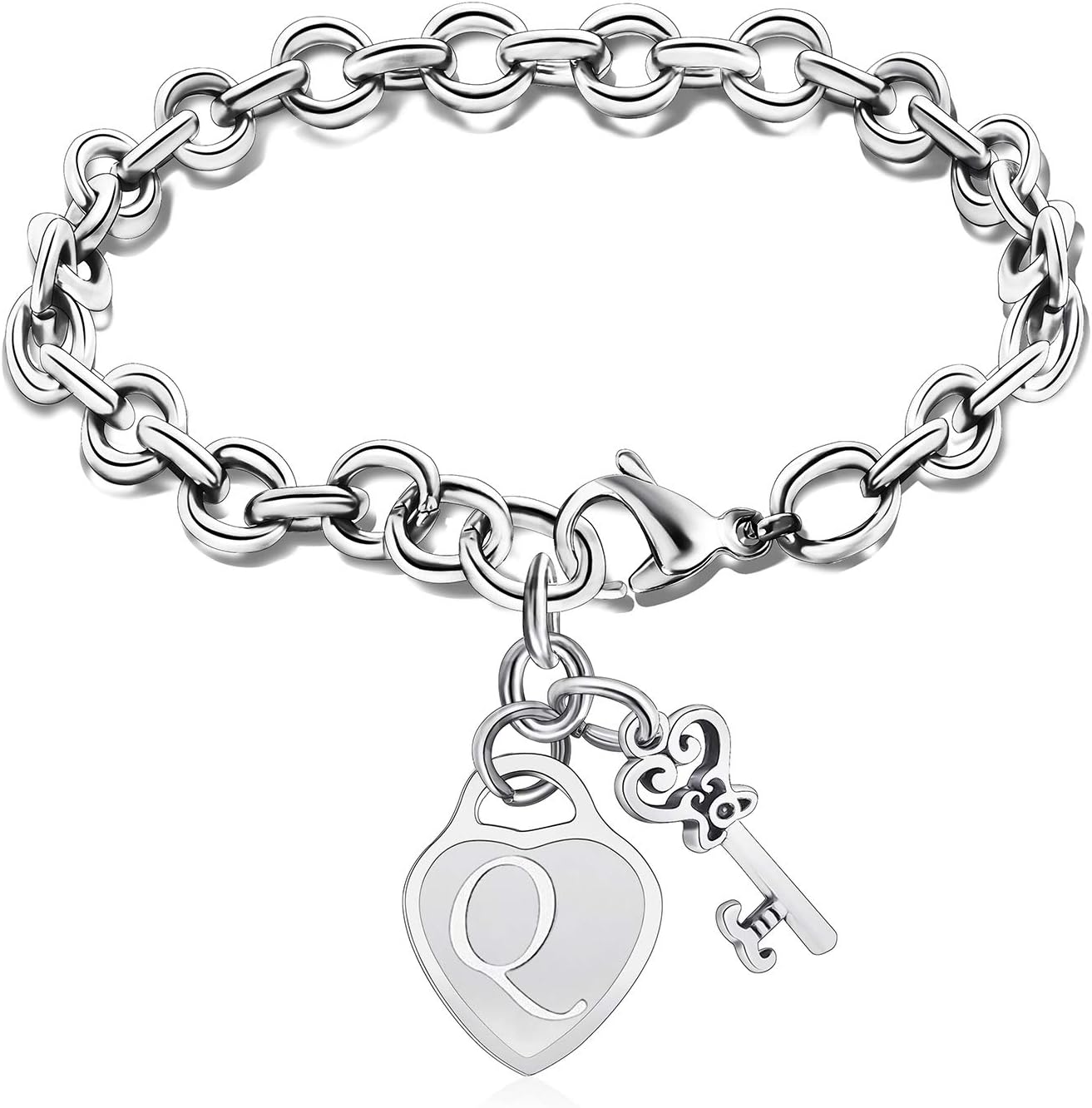 Initial Bracelets Key Heart Charm Bracelets for Women Charms Bracelet for Girls Stainless Steel Bracelet 26 Letters Jewelry Birthday A-Z