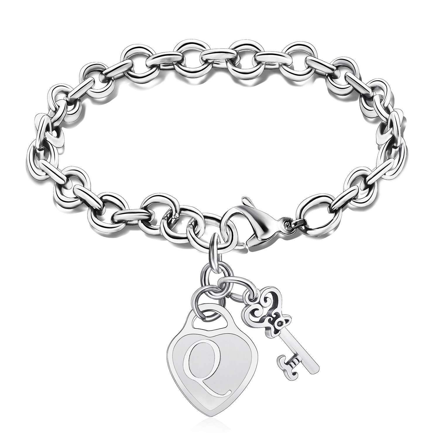 Initial Bracelets Key Heart Charm Bracelets for Women Charms Bracelet for Girls Stainless Steel Bracelet 26 Letters Jewelry Birthday A-Z