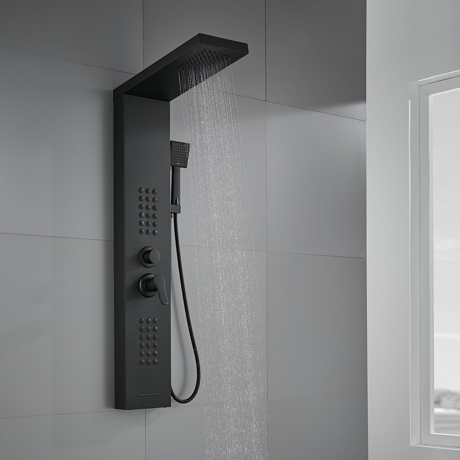 Pannello doccia con rubinetto, colonna doccia 4 in 1, in acciaio inox, nero opaco