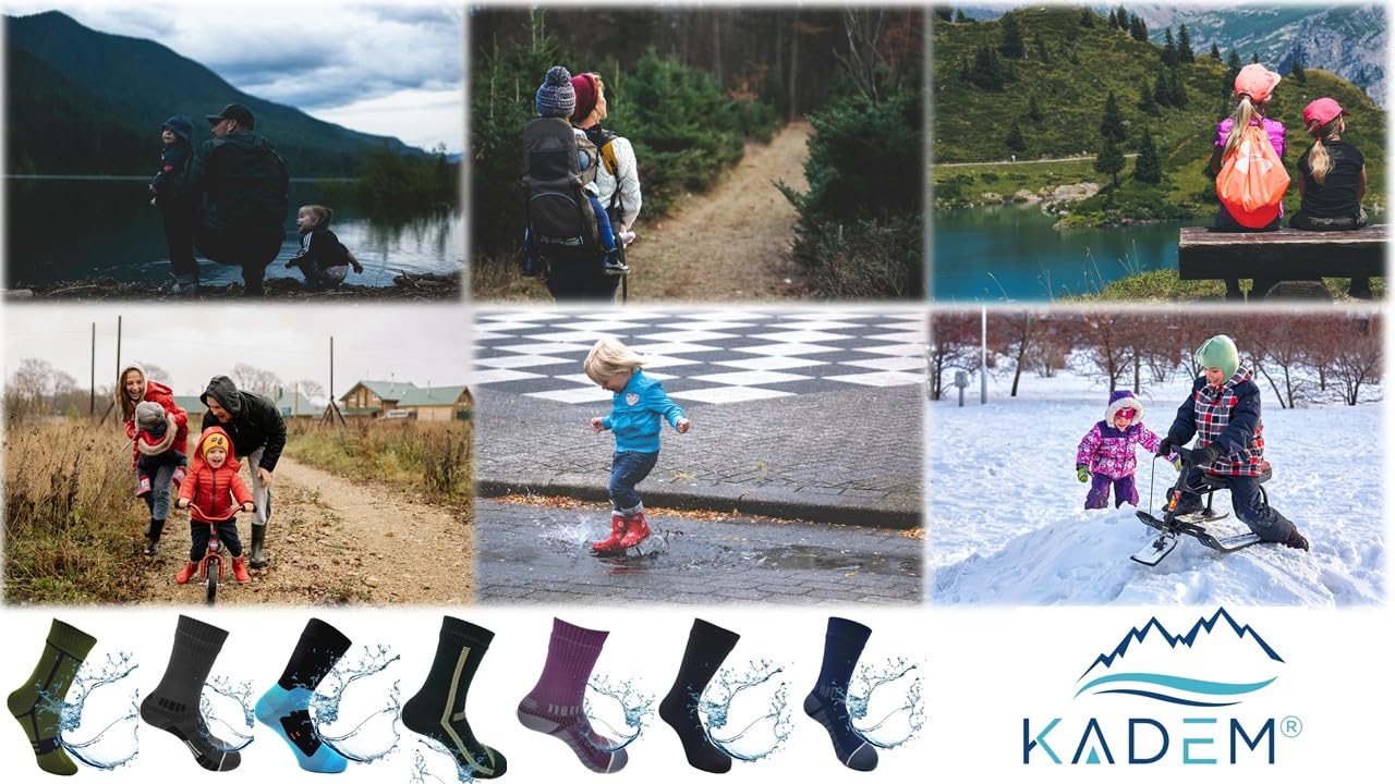 Kadem Chaussettes respirantes imperméables pour enfants | Chaussettes boueuses pour activités de plein air | Chaussettes de randonnée, football, aviron, sports d'hiver, camping, course à pied
