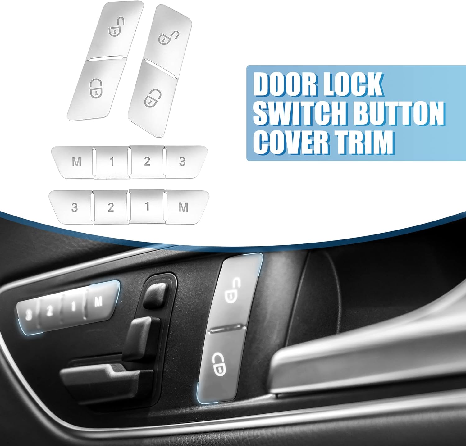 Car Seat Memory Door Lock Unlock Button Sticker Adjust Switch Button Trim Cover for Benz a Class 13-17 Chrome Silver Tone (Set of 12)