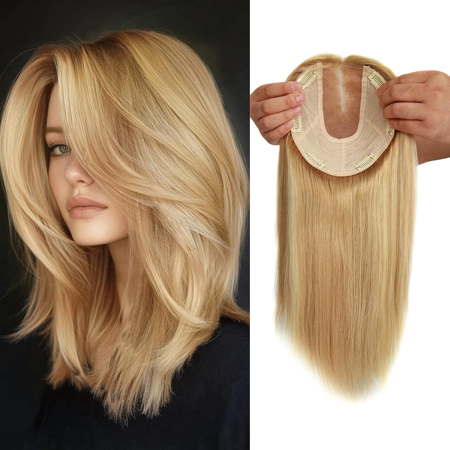 Hair Toppers for Women Real Human Hair, 7x8 Inch Mono Base 14 Inch Length 130% Density No Bangs Hairpieces #TSS