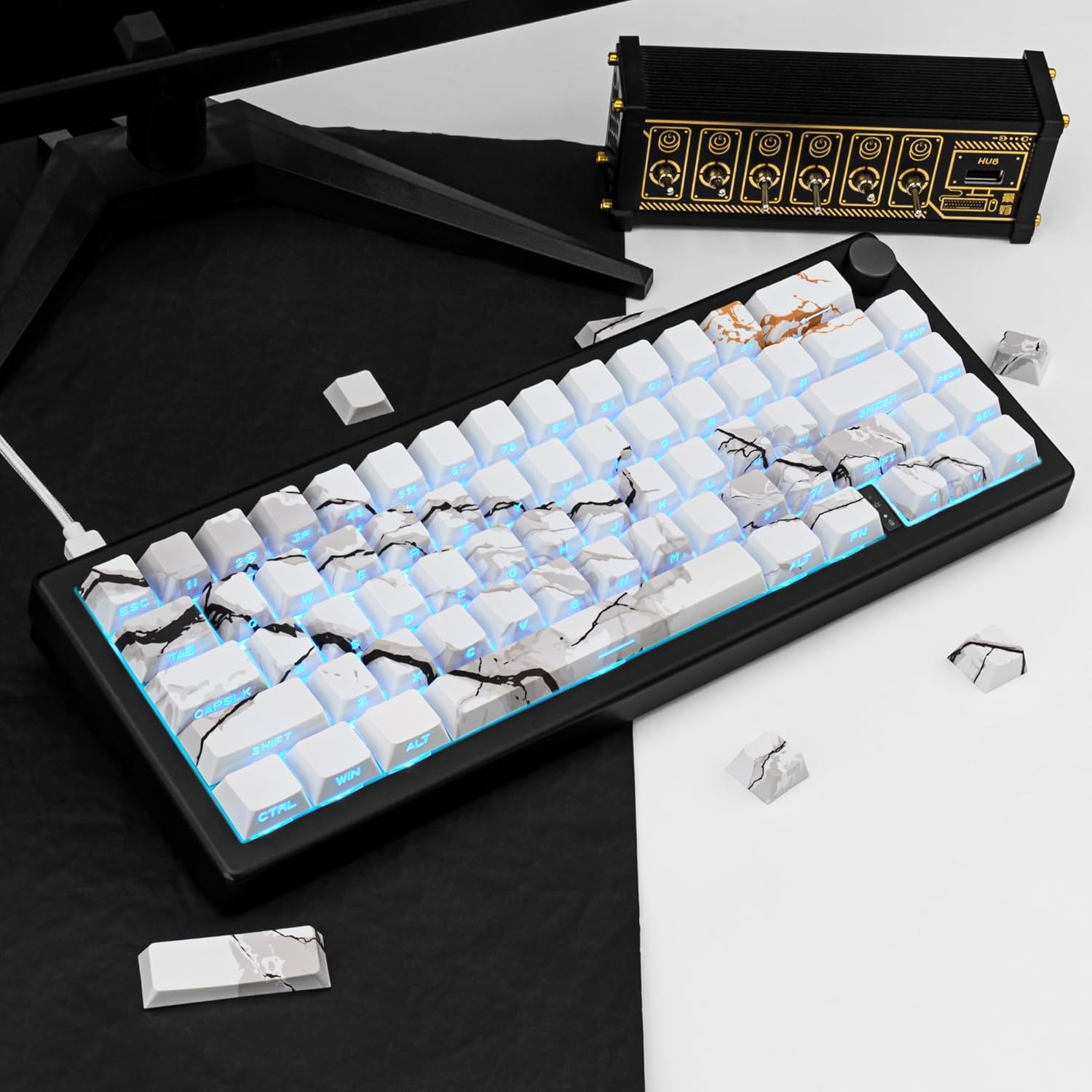 White Black Keycaps Set 100 Keys PBT keycaps Shine Through Custom keycap Cherry Profile, Side Printed Keyboard keycaps Compatible with Mechanical Keyboard 61/64/75/84/87 Layout