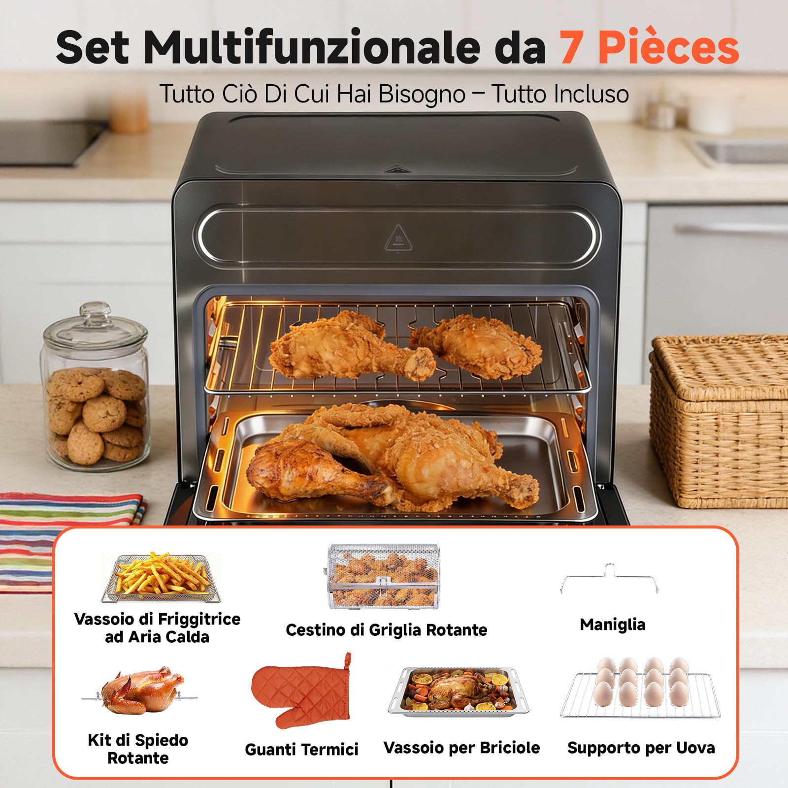 OUNIN 24L Forno Multifunzione, 11 in 1 Forno Pizza e Forno a Vapore, Cottura su Due Ripiani, Ventilazione 360°, 1600W, per Pizza, Lasagne, Arrosti, Pane, Frittura di Mare e Verdure al Vapore