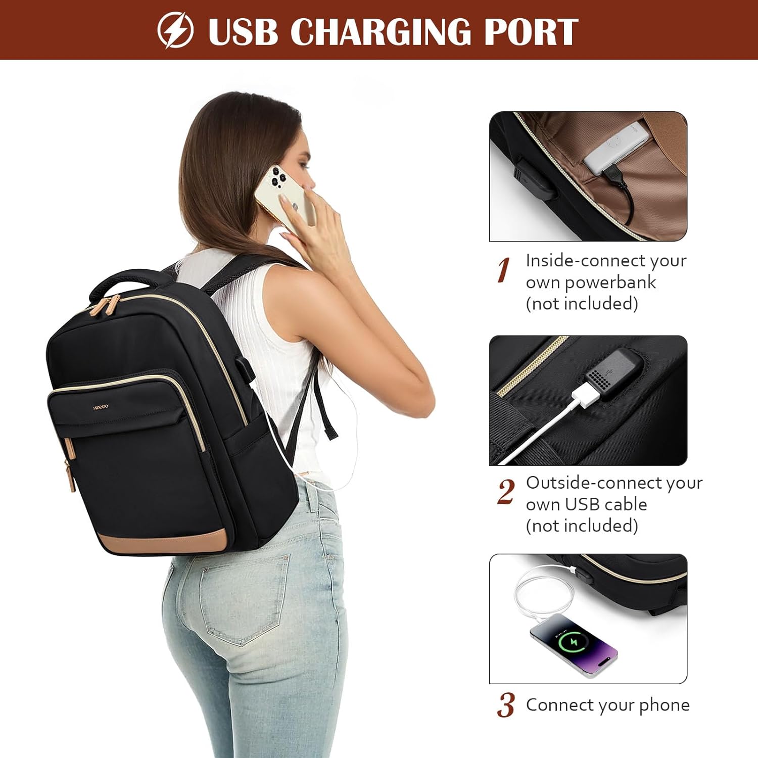 MDODO Laptop Backpack for Women,Travel Backpack with Laptop Compartment,Casual Daypack College Bookbag Computer Work Backpack15.6Inch, Black - Image 6