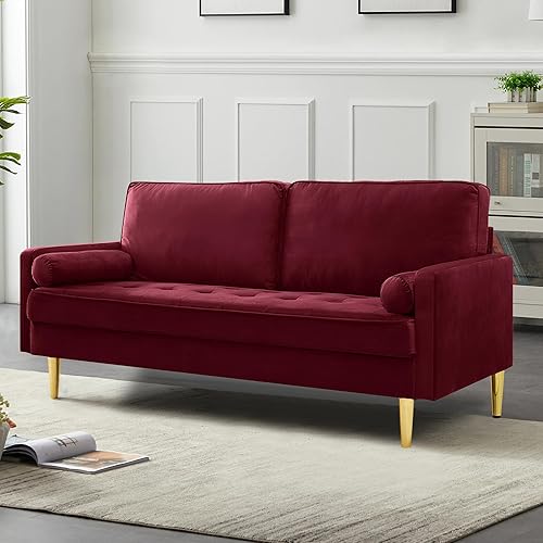 Miniatura 13 de Sofá biplaza de lino moderno de 67 pulgadas, sofá biplaza tapizado de mediados de siglo con 2 almohadas y 4 patas doradas, sofás de 2 plazas para