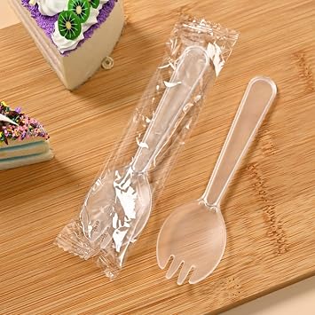 200PCS Disposable Plastic Sporks, Individually Wrapped Durable Mini Spork, 2 in 1 Forks and Spoons for Desserts, Yogurt, Ice Cream, Fruit, Salad, Birthday Cake Clear