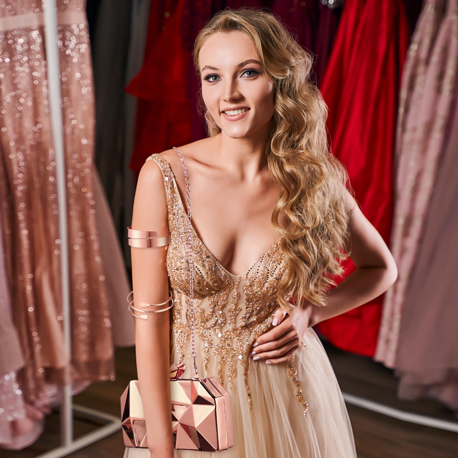 5 Pcs Clutch Purse for Women Evening Prom Purses Metallic Handbag for Valentines Wedding Banquet Retro Jewelry Set