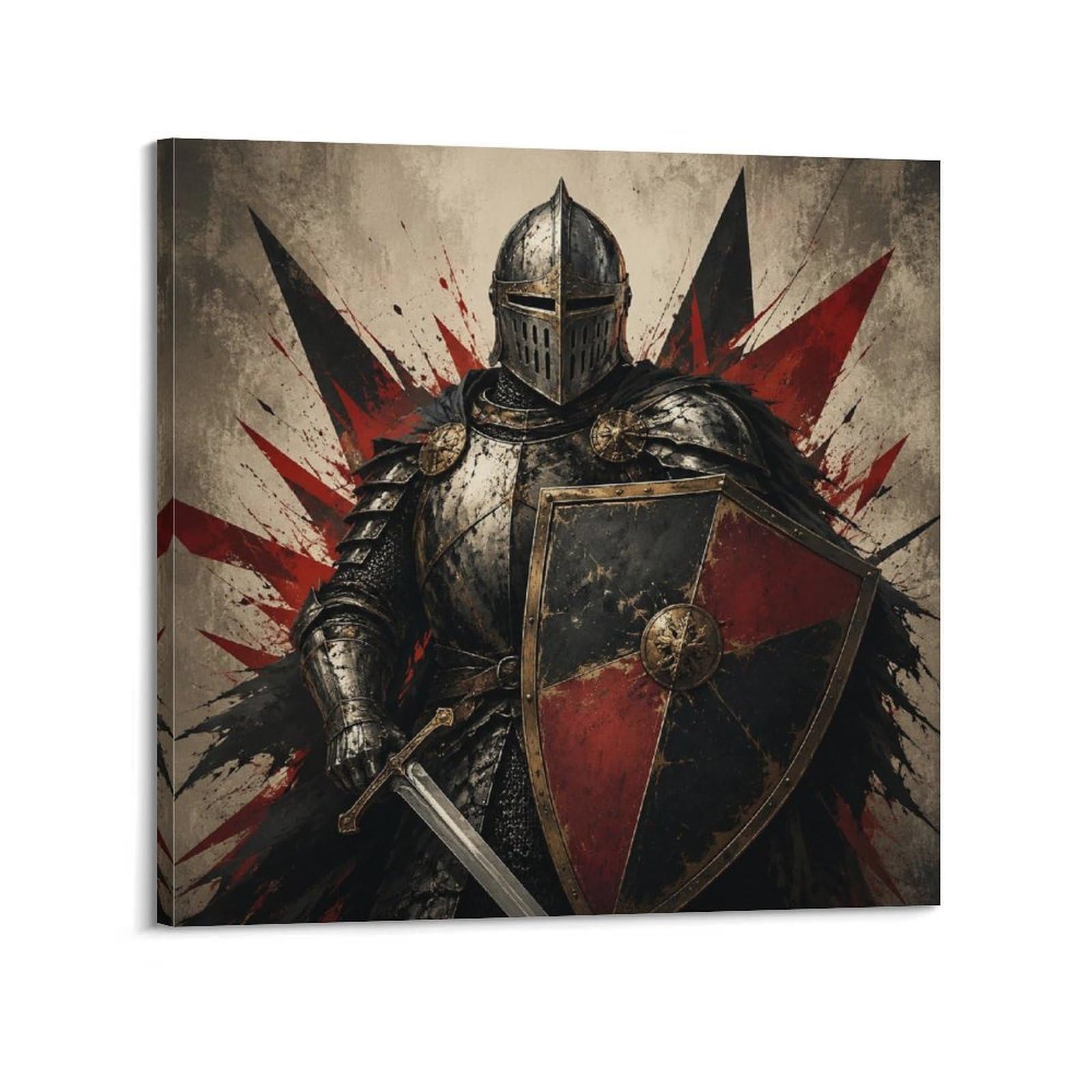 XKUGA Graphic Medieval Knight Shield Poster Angular Black Armor Modern Decorative Canvas Prints - Ideal Wall Art for Family, Man Cave, Game Room, Boys & Girls Bedroom 12x12inch(30x30cm)