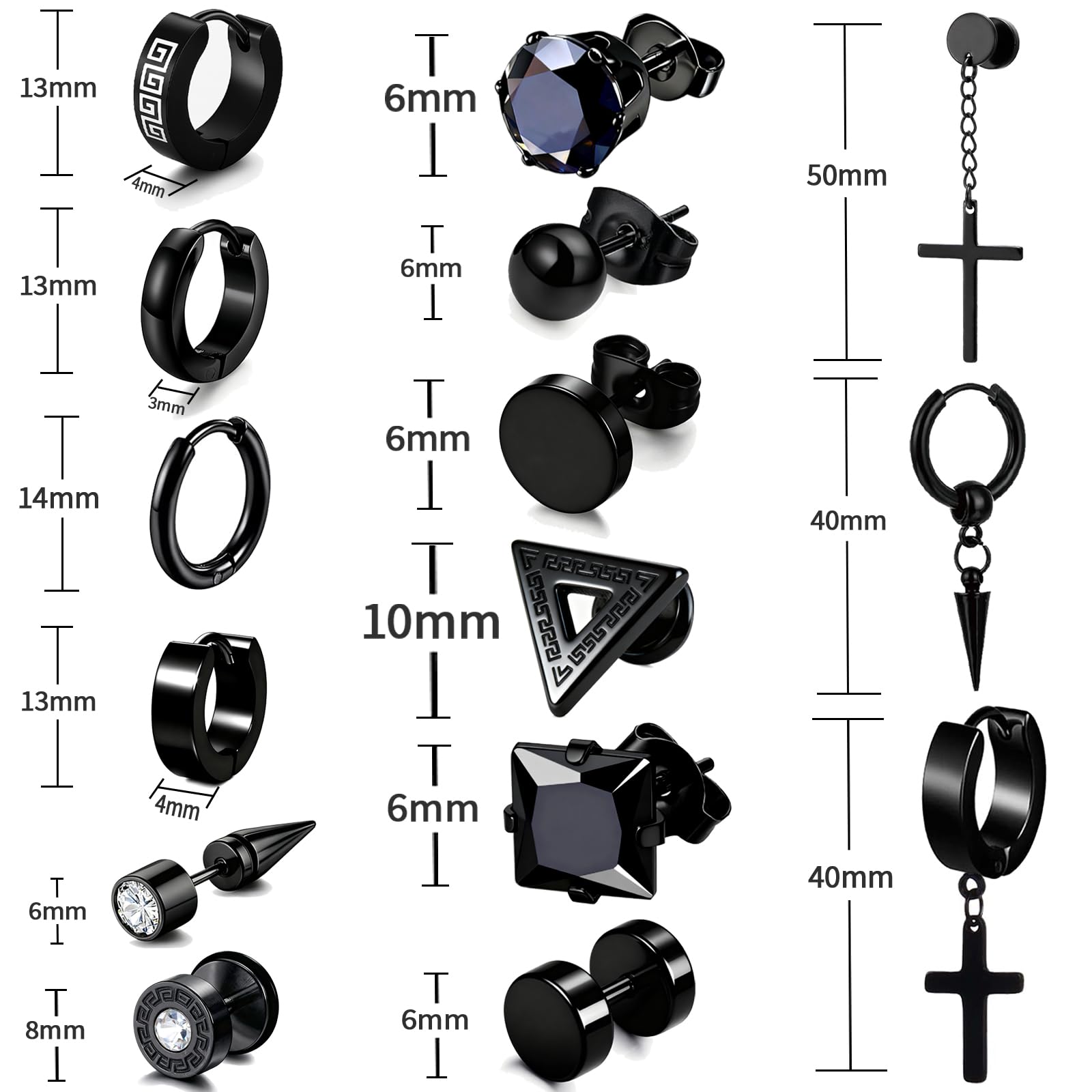 15 Pairs Earrings for Men, Stainless Steel Earrings Stud Kit for Men Women Fashion Piercing Jewelry Cross Dangle Hoop Earrings Set